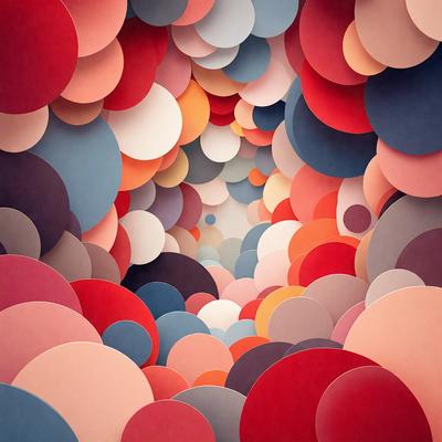The primary subject of the image is a large number of red and blue circles arranged in a visually appealing manner. The setting is a room with a blue wall, and the visual style appears to be a combination of digital art and illustration. The dominant colors are red and blue, creating a vibrant and lively atmosphere.